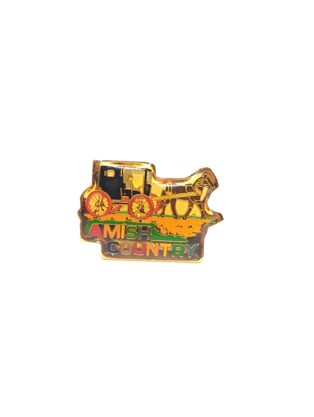 Vintage Amish Country Horse Buggy Pennsylvania Dutch Enamel Pin Travel Lapel